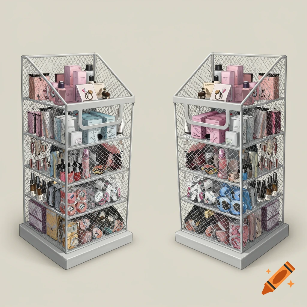 Two identical white wire mesh retail display bins filled with various cosmetics and products.