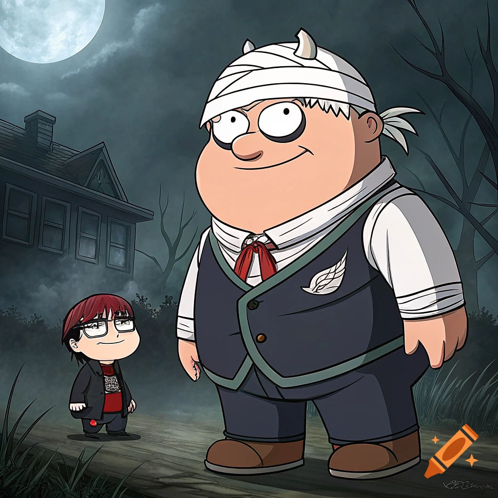 Large bandaged cartoon man and small cartoon person in a spooky yard under a full moon.