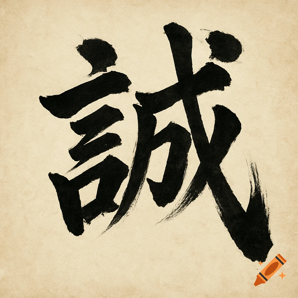 Black calligraphy character 誠 on textured paper