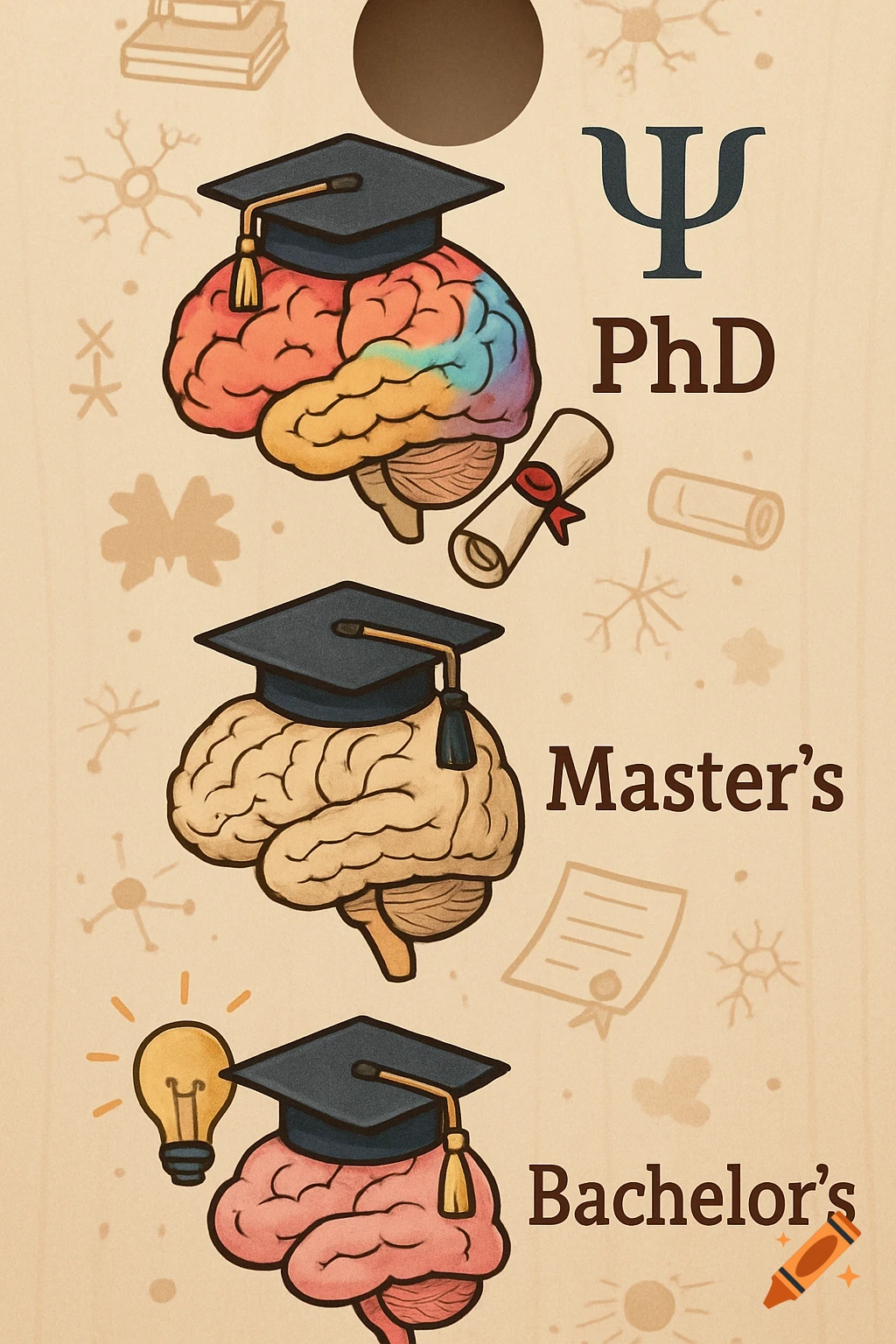 Stylized illustration of brains wearing graduation caps labeled "Ψ PhD," "Master's," and "Bachelor's" arranged vertically.