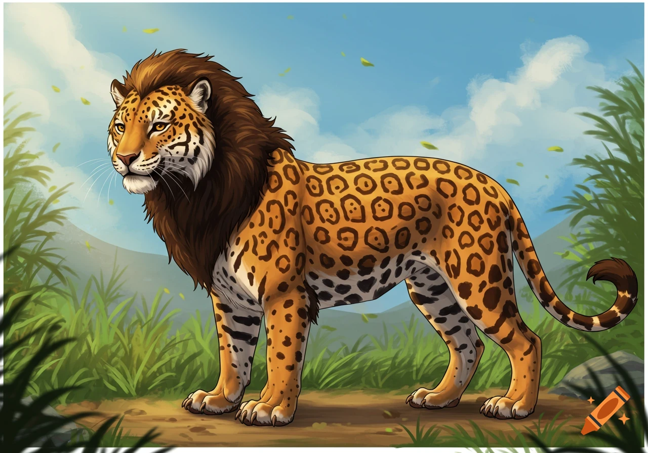 A stylized illustration of a Jaglion, a cross between a jaguar and a lion, standing in a grassy landscape.