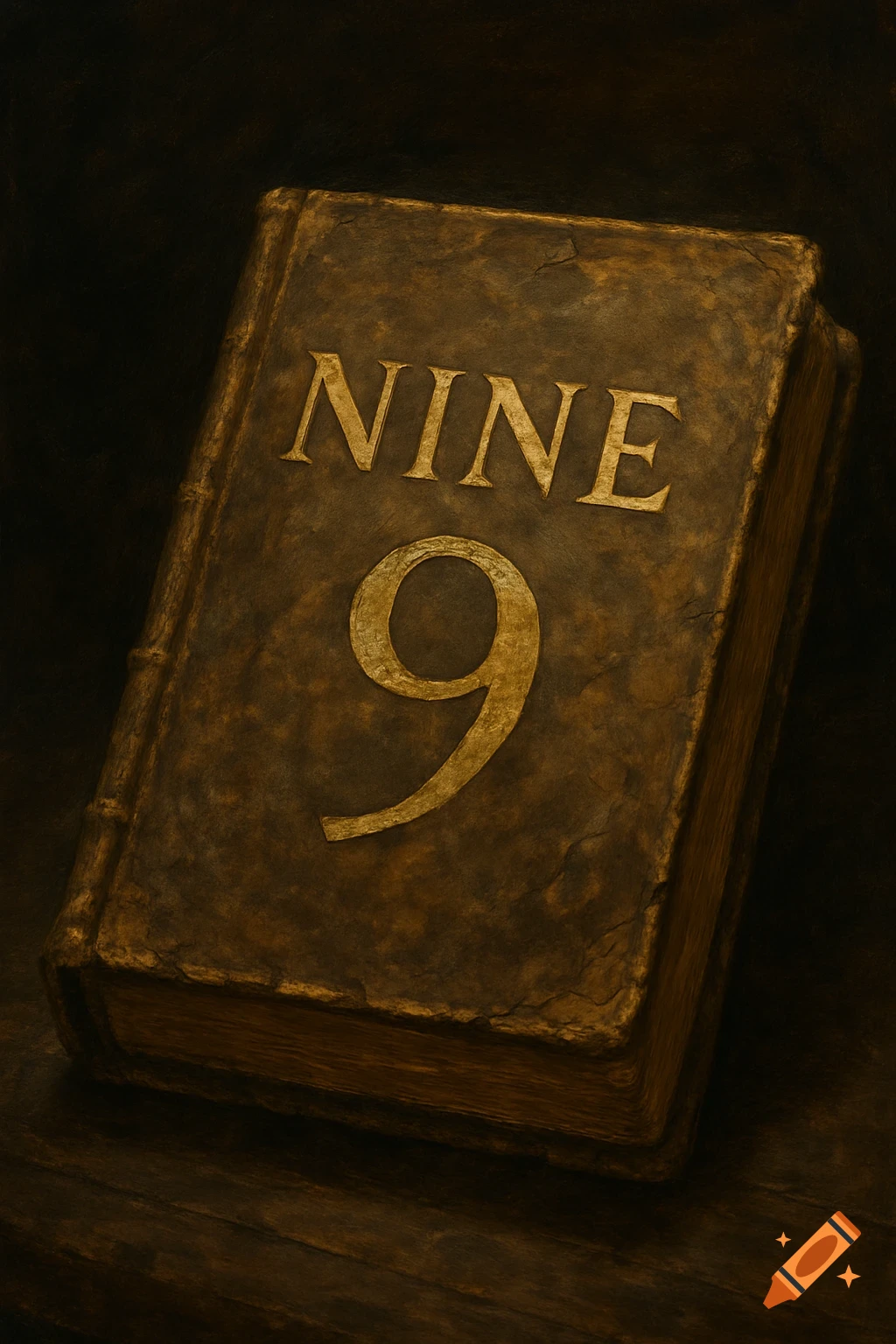 Ancient book cover with 'NINE' and '9' embossed in gold.