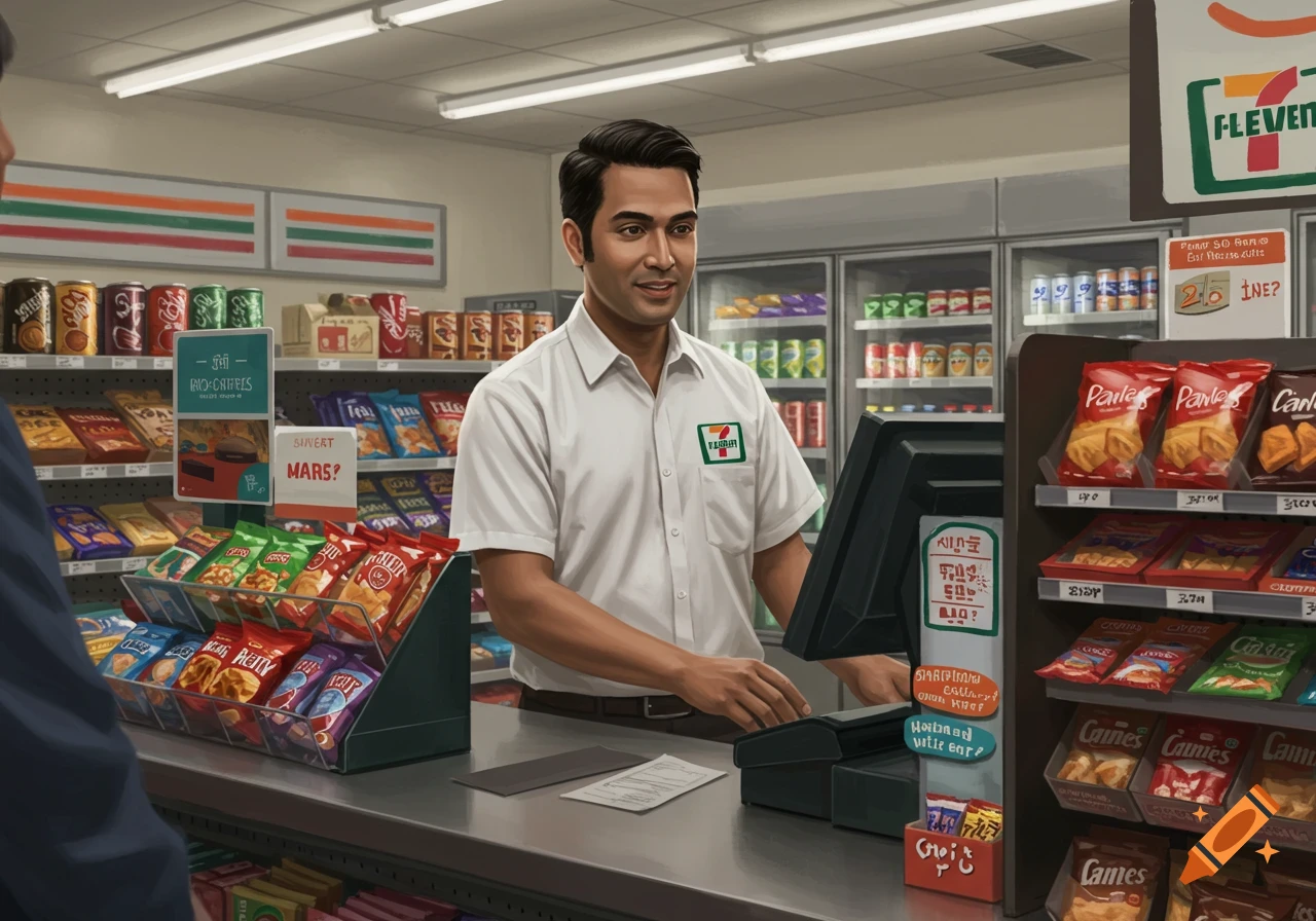 Indian man working at the counter in a convenience store.