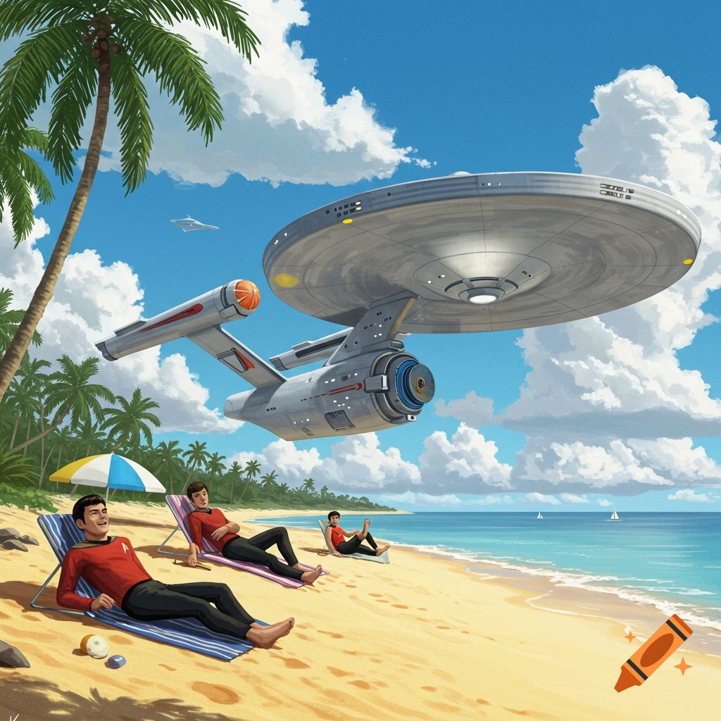 Starship Enterprise flies over a beach where people in Starfleet uniforms relax in lounge chairs. Illustration style.