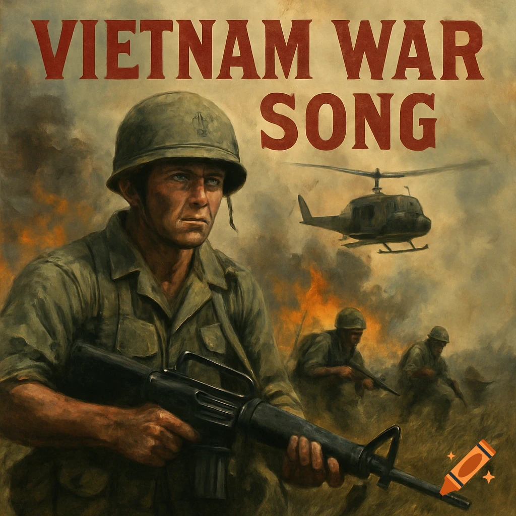 Painterly depiction of a soldier with a rifle in a Vietnam War scene, with a helicopter and text "VIETNAM WAR SONG".