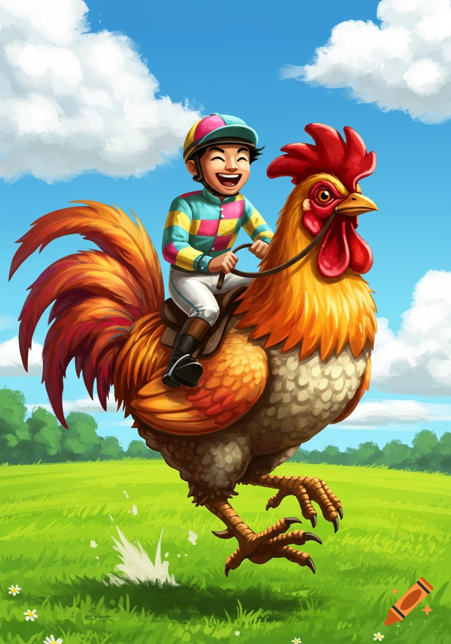 Illustration of a joyful child jockey riding a giant chicken through a ...