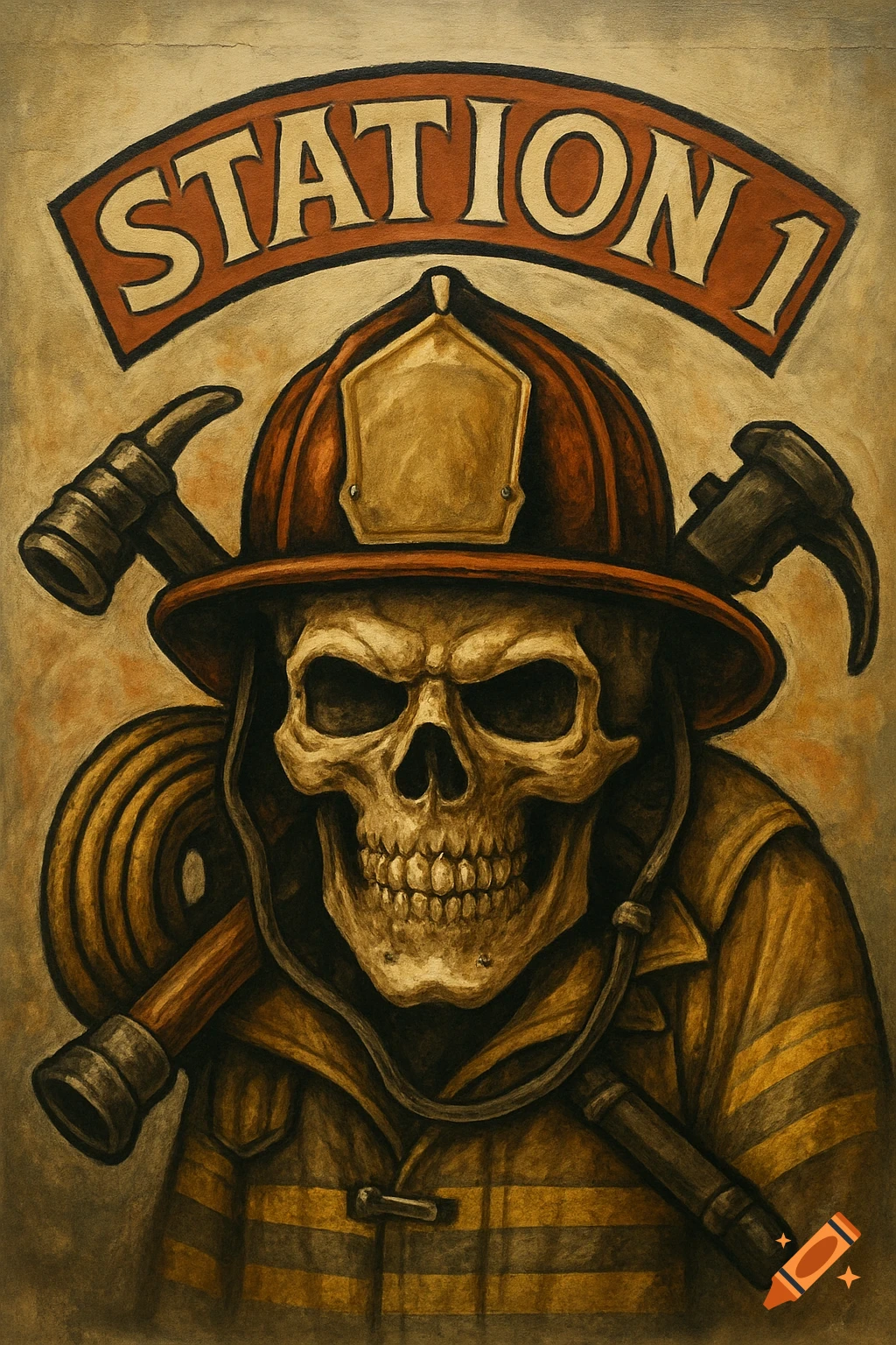 Stylized illustration of a skull wearing a firefighter helmet and gear, with the text "STATION 1" above.
