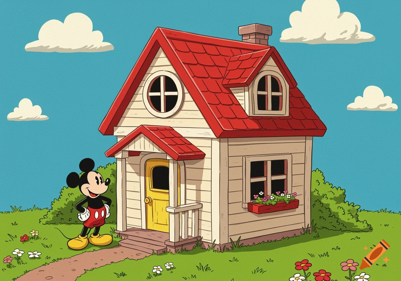 Mickey Mouse stands beside a small red-roofed house on a sunny day.