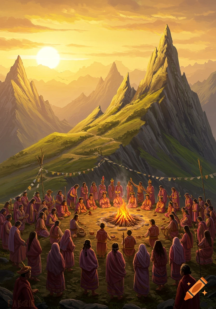 A group of people in robes sit in a circle around a large campfire during a mountain ceremony at sunset. Illustration style.