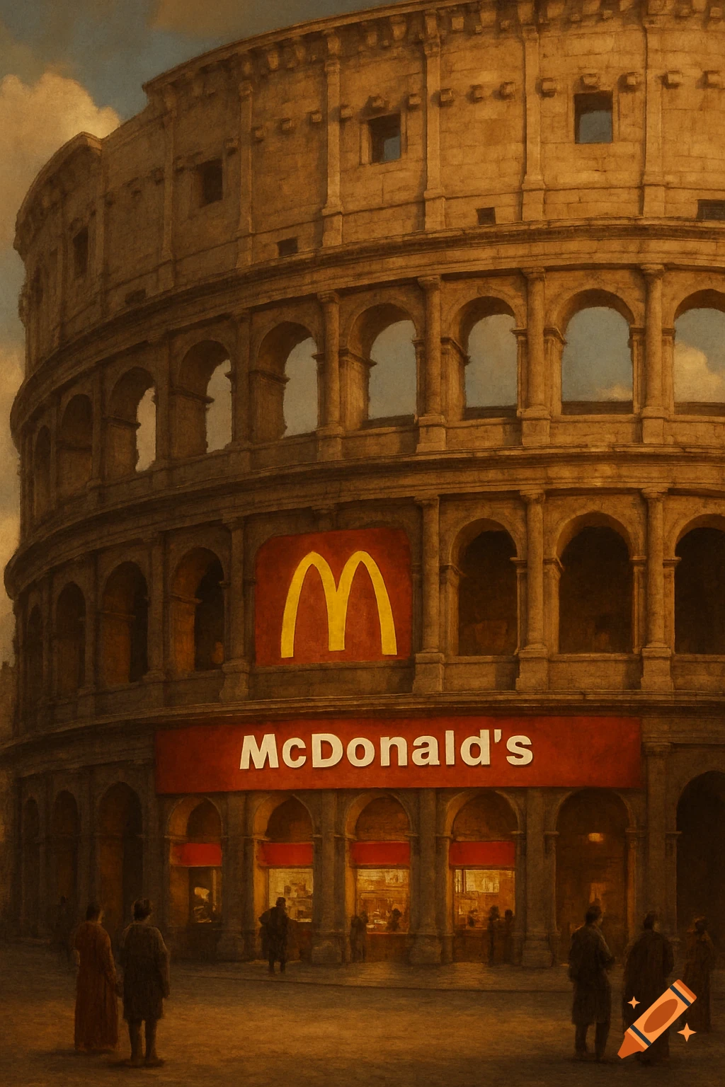 Roman Colosseum with a McDonald's restaurant built into the arches, painterly style