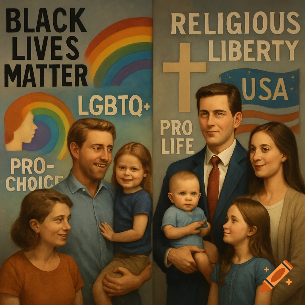Painting of two families side-by-side, one with rainbows and text 'BLACK LIVES MATTER', 'LGBTQ+', 'PRO-CHOICE', the other with a cross, US flag, and text 'RELIGIOUS LIBERTY', 'USA', 'PRO LIFE'.