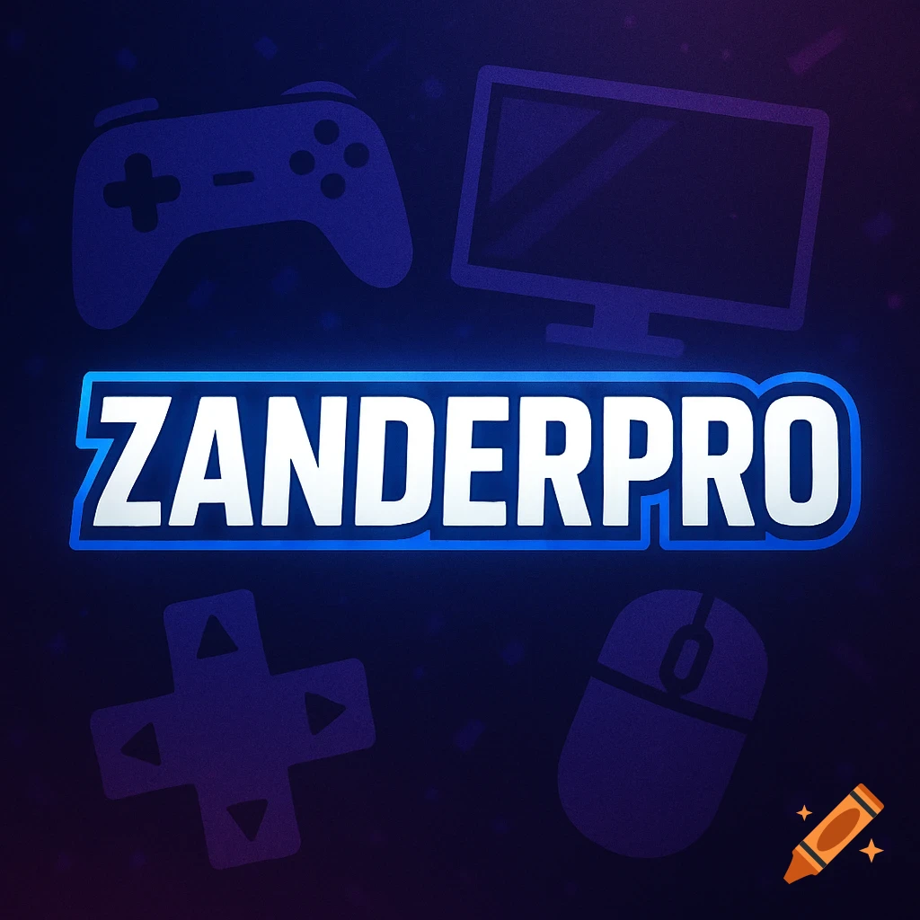 Gaming logo with ZANDERPRO text, controller, monitor, and mouse silhouettes.