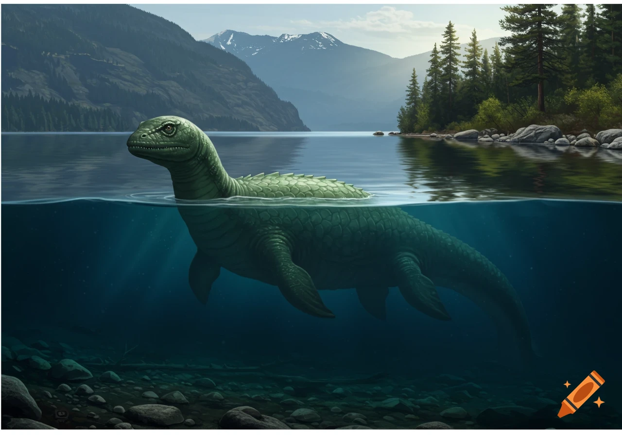 A green, lizard-like creature with scales swims in a lake, mountains and forest in the background. Half of its body is submerged, showing fins.