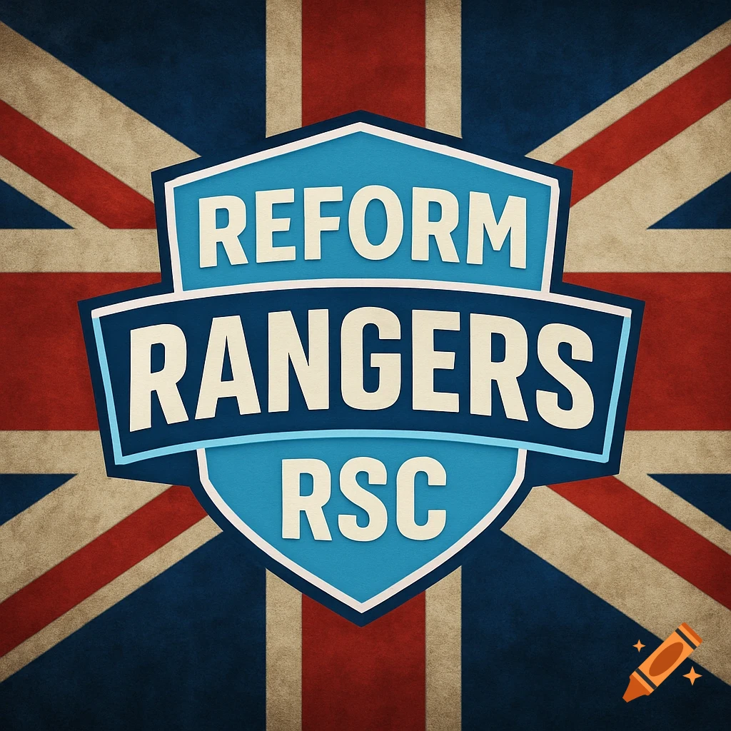 Shield logo with 'REFORM RANGERS RSC' over a textured Union Jack flag background.