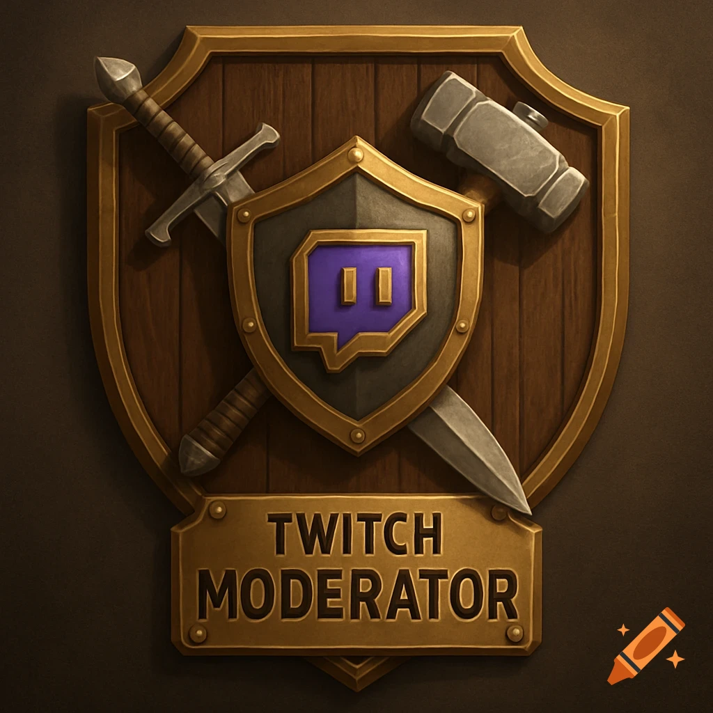 A detailed illustration of a plaque with a shield, crossed sword and hammer, and text "TWITCH MODERATOR".