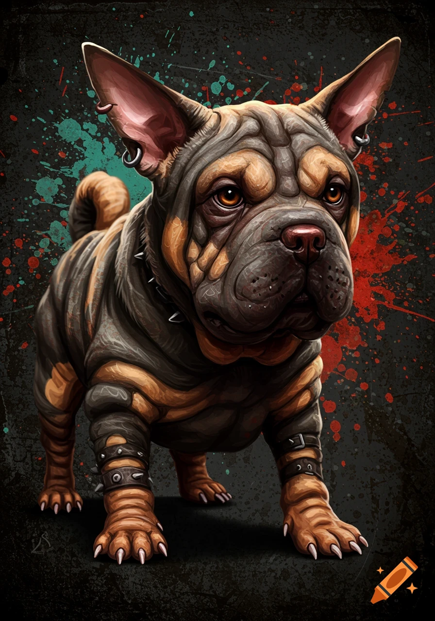 Shar Pei and Chihuahua mix in grunge metal style illustration