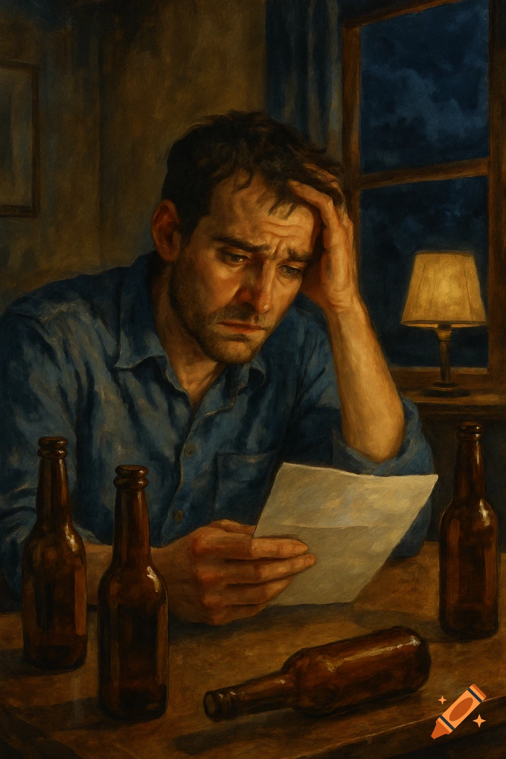 A painting of a sad man reading a letter at a table with beer bottles, at night.