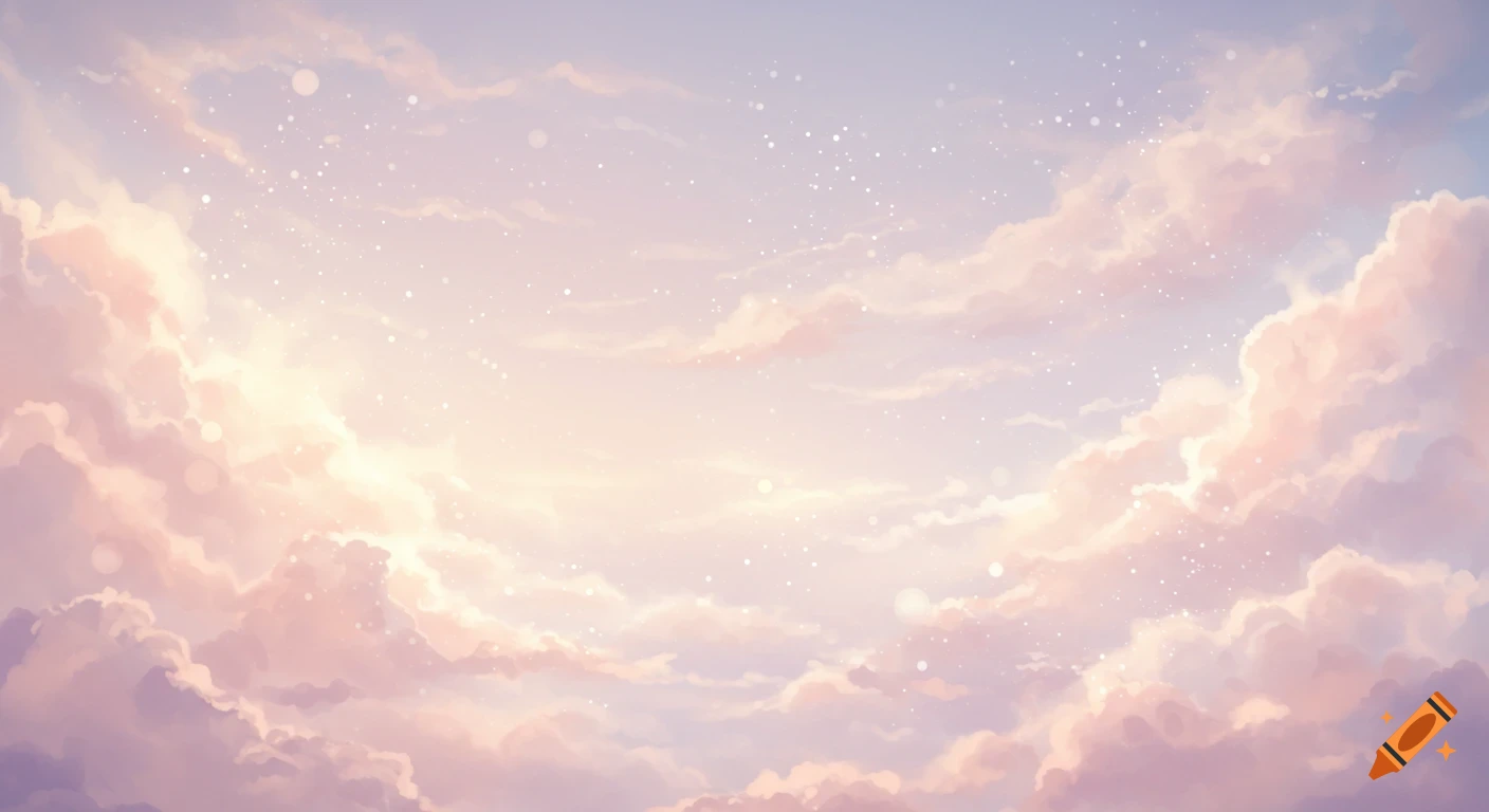 Pastel pink and purple clouds in a serene, sunlit sky with sparkling lights.