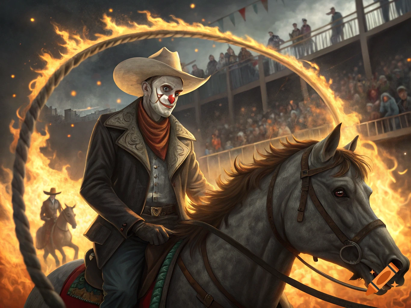 A clown-faced cowboy rides a horse through a hoop of fire in a rodeo arena.
