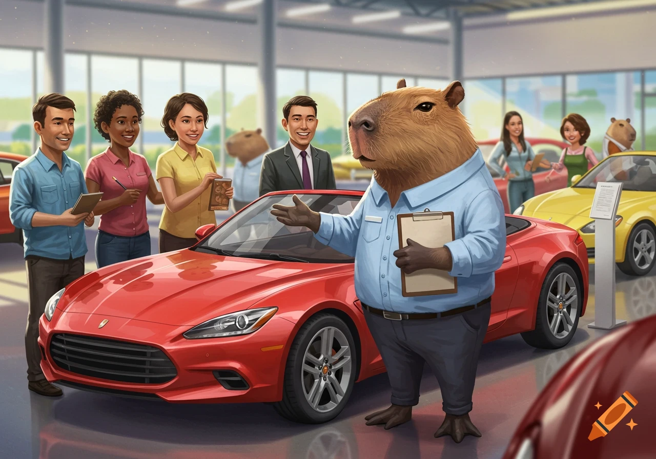 A capybara sales creature shows a red sports car to customers in a car dealership.