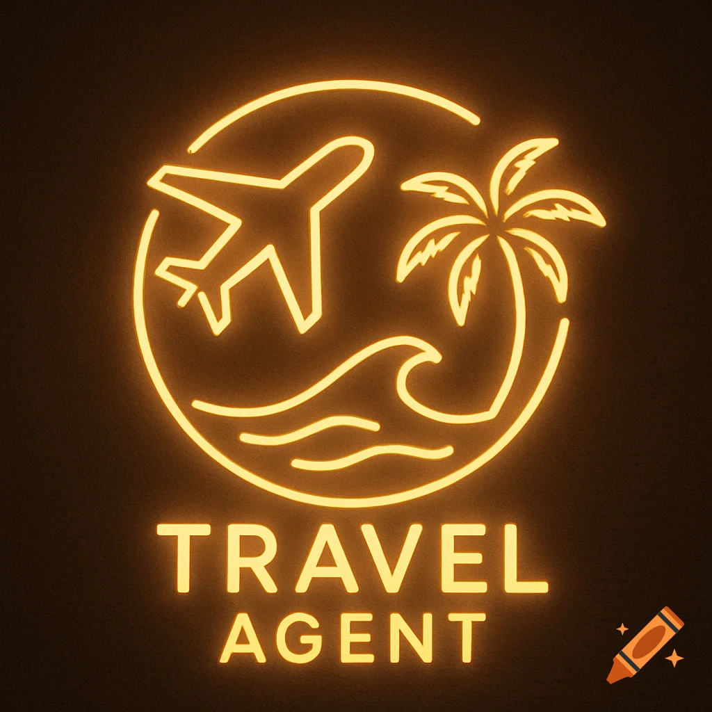 Neon sign logo for travel agent featuring airplane, palm tree, and waves in a circle, with 'TRAVEL AGENT' text below.