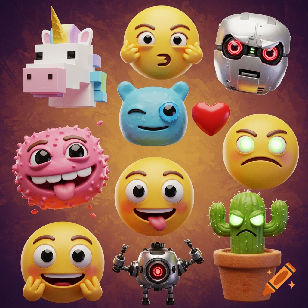 A collection of various stylized 3D emoji-like characters including a unicorn, smileys, robots, and a cactus.