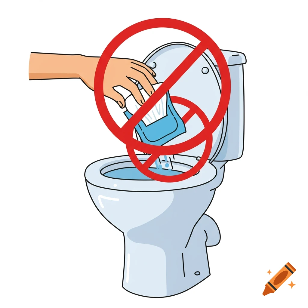 Illustration of a hand throwing a wet wipe into a toilet with a red prohibition symbol