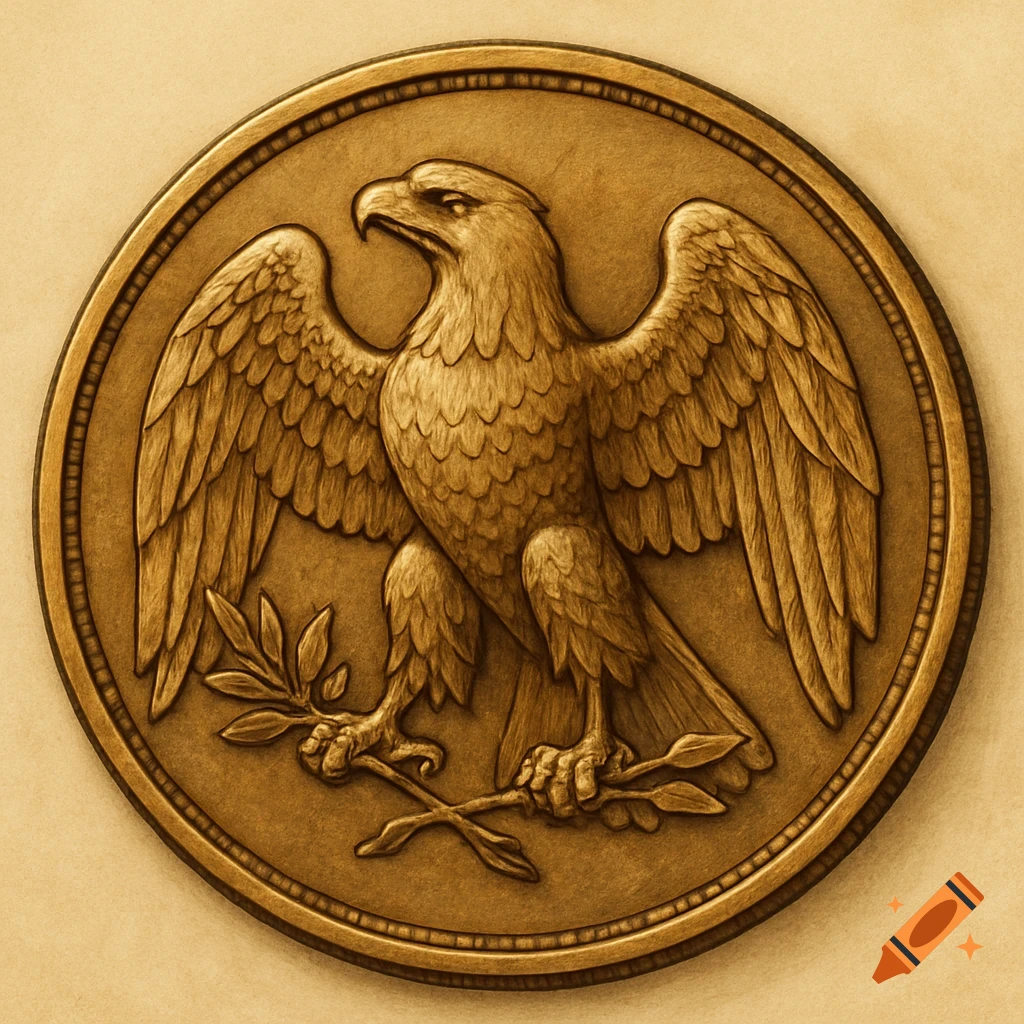 Bronze relief of an eagle holding a branch on a coin.