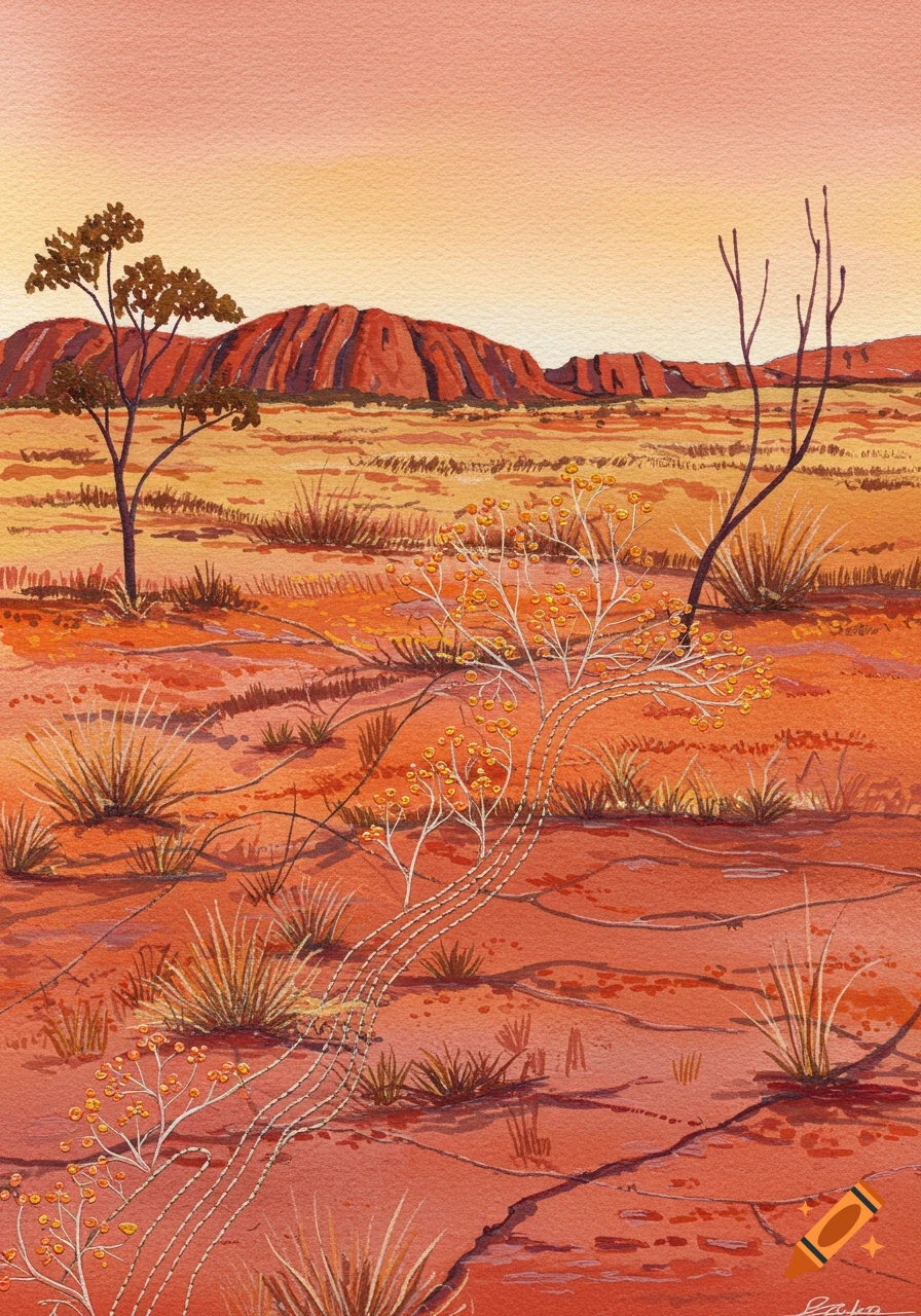 Watercolor and embroidery of a red desert landscape with mountains in the background.