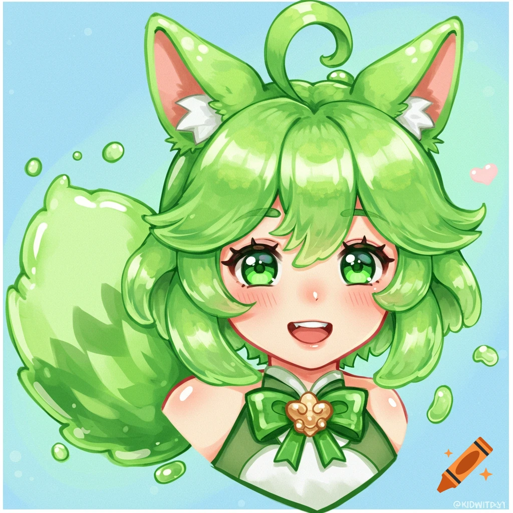 Anime character with green hair, ears, and tail, in a soft jelly style, smiling.