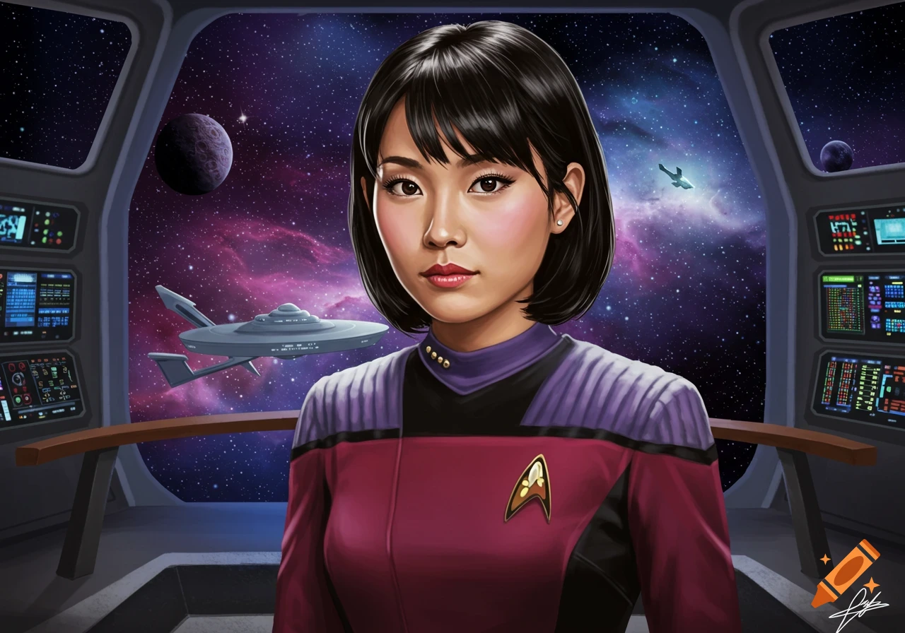 A woman in a Starfleet uniform stands in the cockpit of a spaceship, looking out at planets and stars.