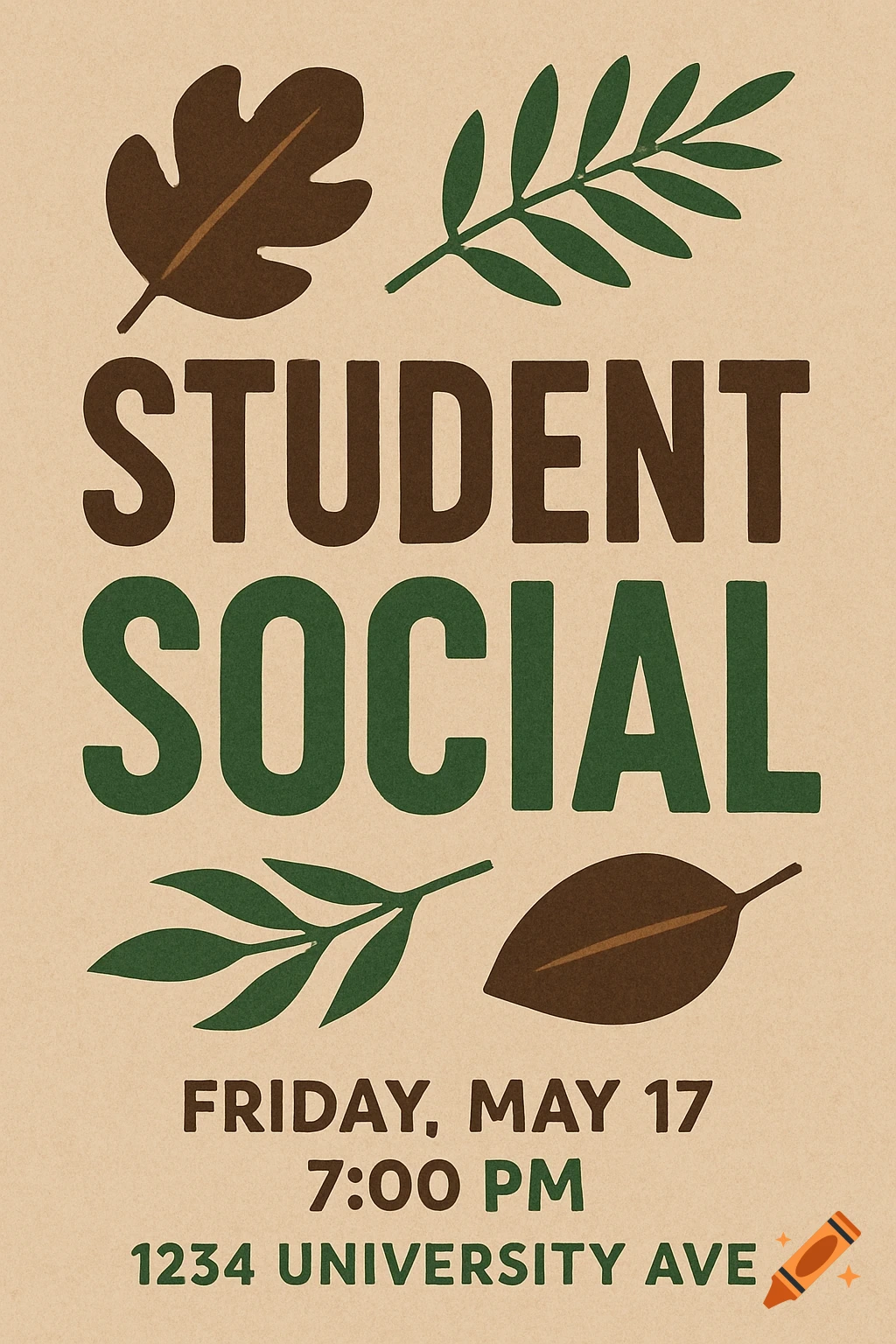 A flyer for a student social featuring brown and green text with stylized leaves on a tan background.