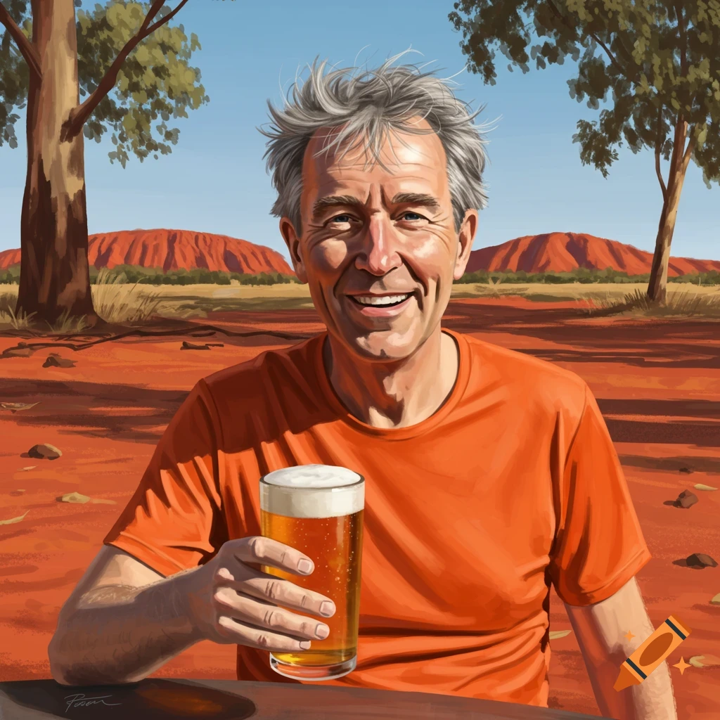Smiling man holds a beer in front of Uluru, Australia, painterly style.