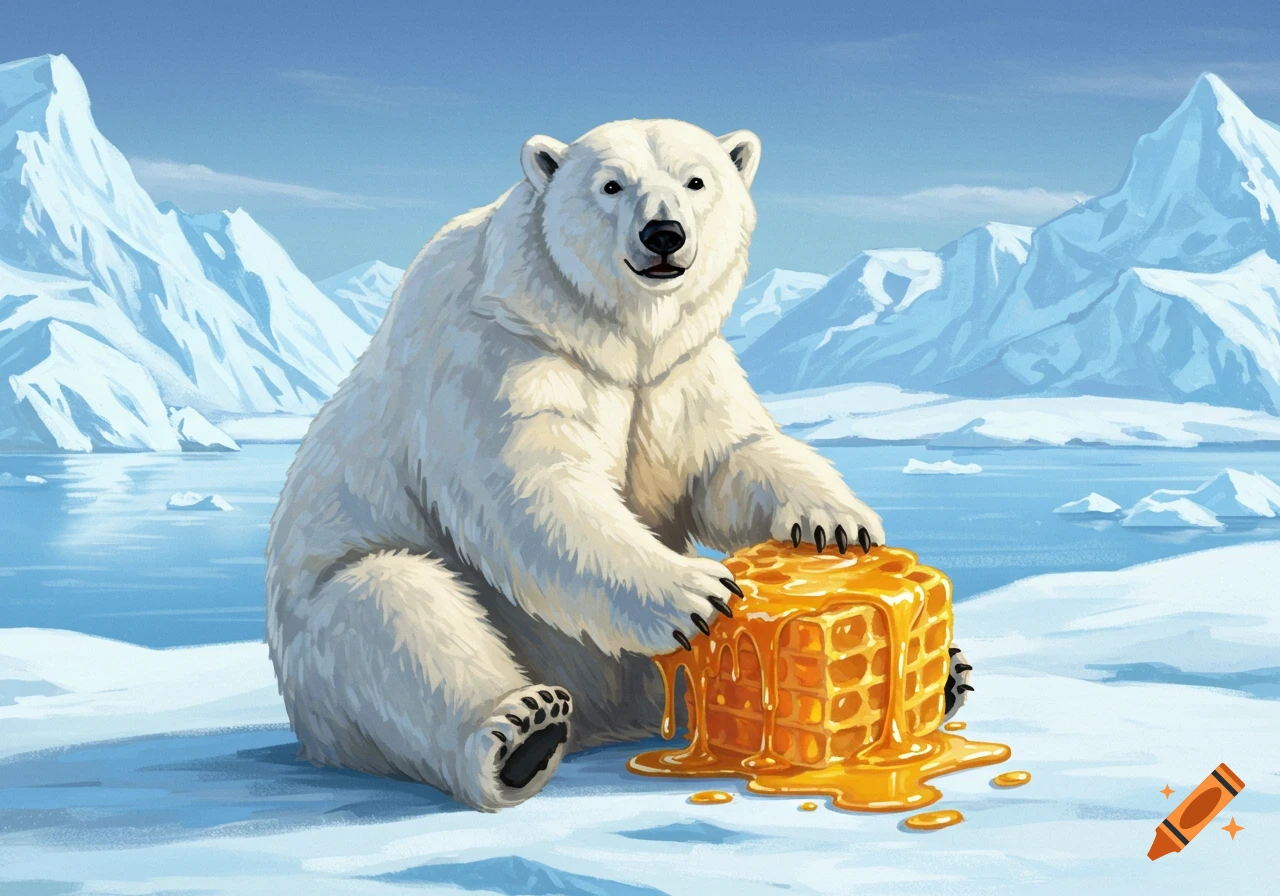 An illustration of a polar bear sitting in a snowy arctic landscape, holding a large honey-covered waffle cube.