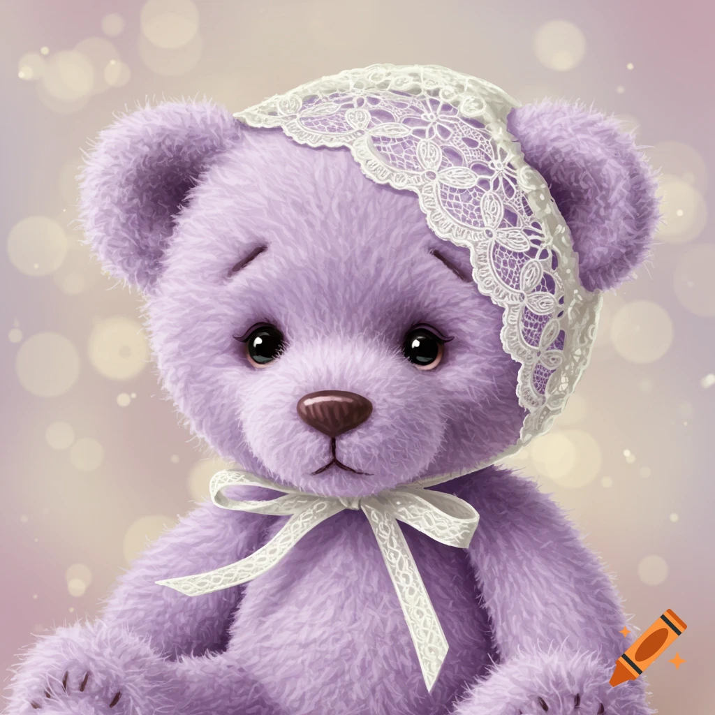 Close-up illustration of a fluffy purple teddy bear wearing a white lace bonnet and bow