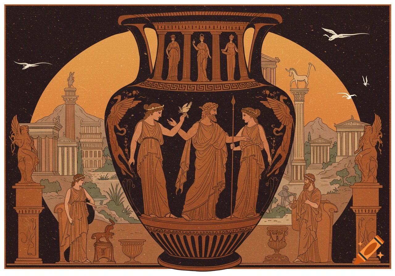 Ancient Greek vase with depictions of gods, goddesses, and architecture