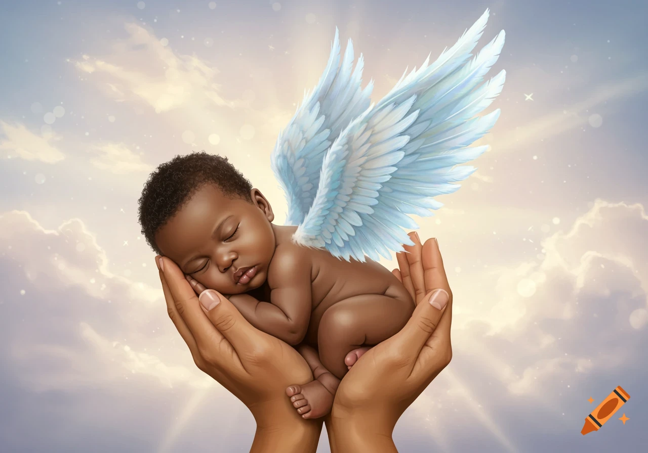 A cartoon illustration of a young Black angel with wings and a halo,  floating above flowers against a starry sky. on Craiyon, image size:1280x896
