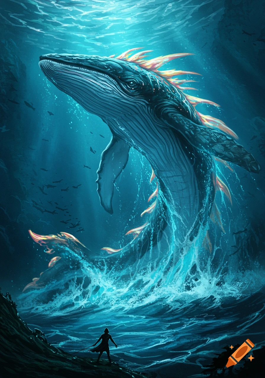 A giant fantasy whale-like sea creature emerges from blue water near a small person on a rock.