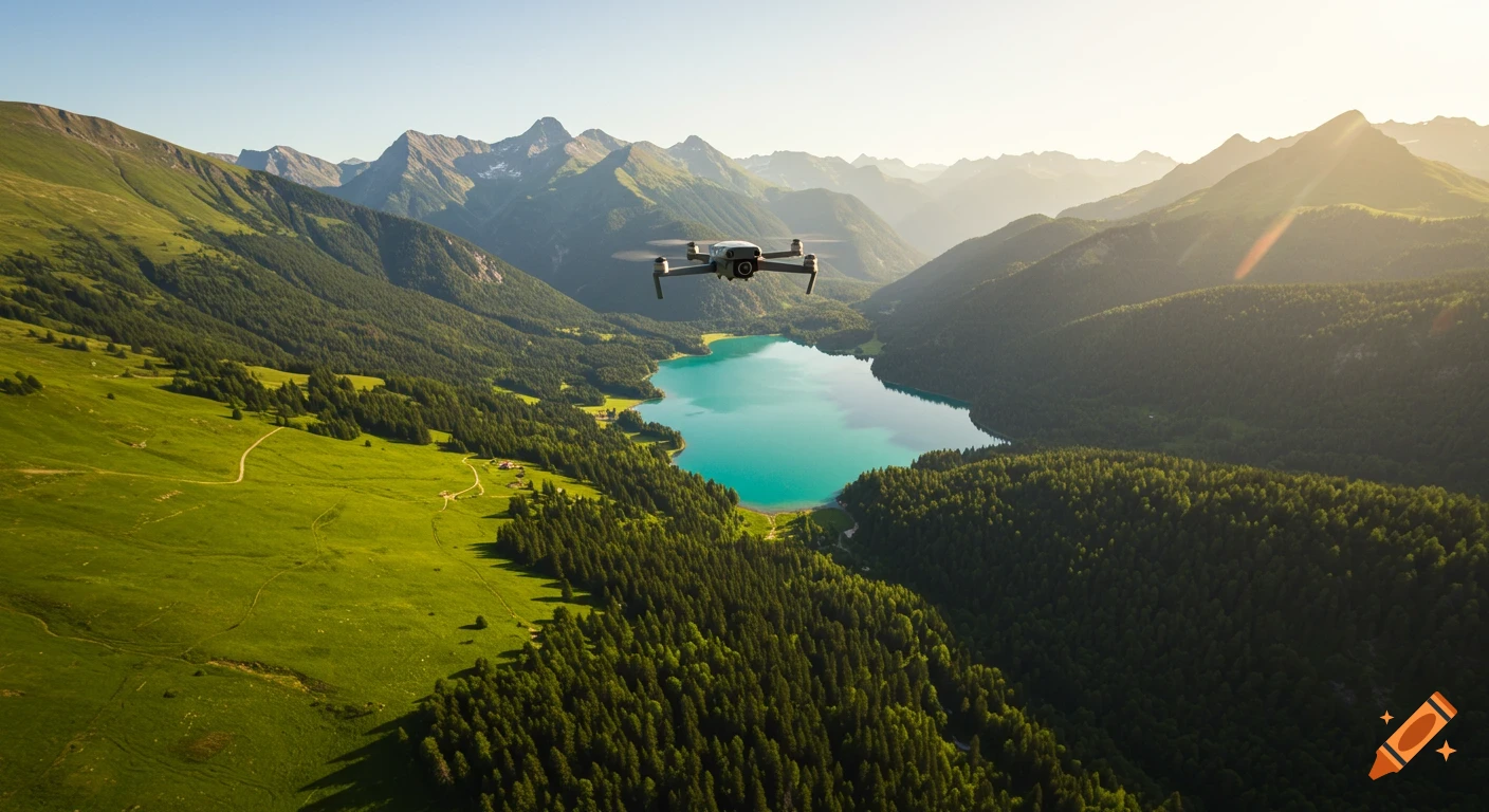 Drone flying over a mountain lake landscape during golden hour.