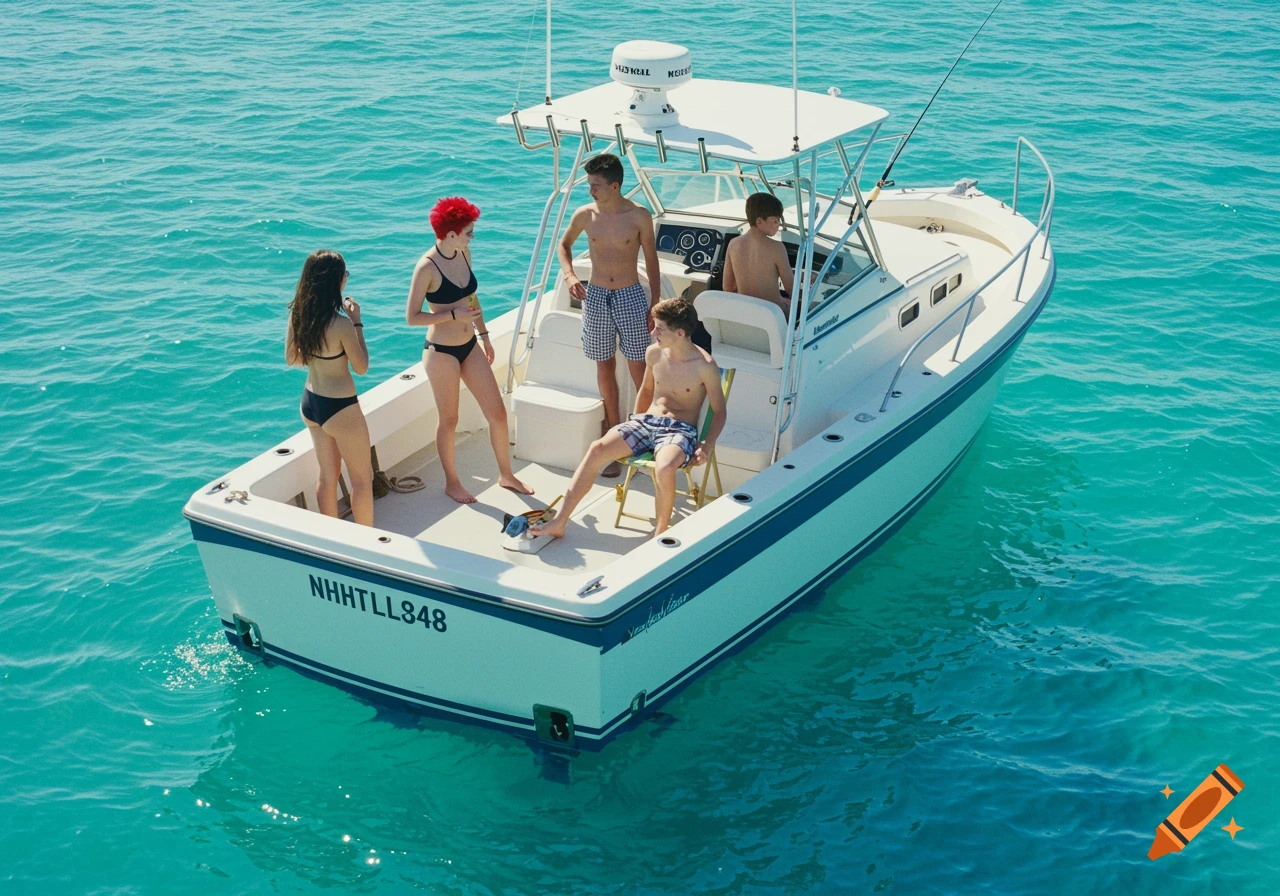 Realistic photo of teenagers on a boat in the ocean.