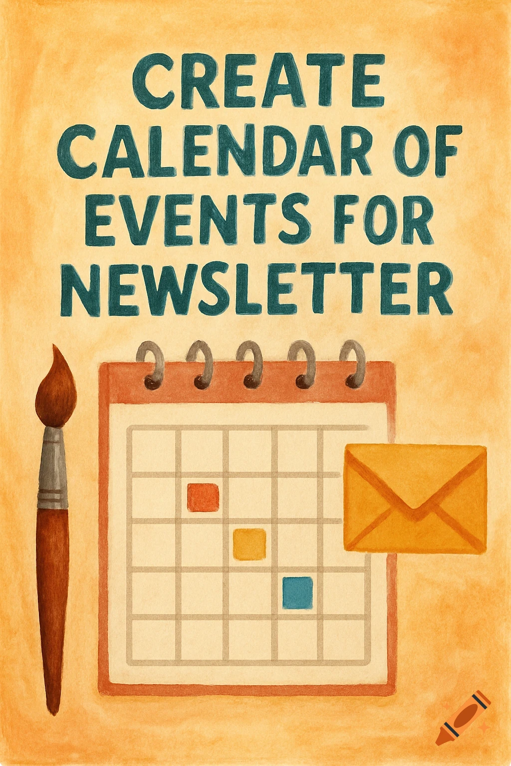 Watercolor illustration of a calendar, paint brush, envelope, and text saying 'CREATE CALENDAR OF EVENTS FOR NEWSLETTER'.