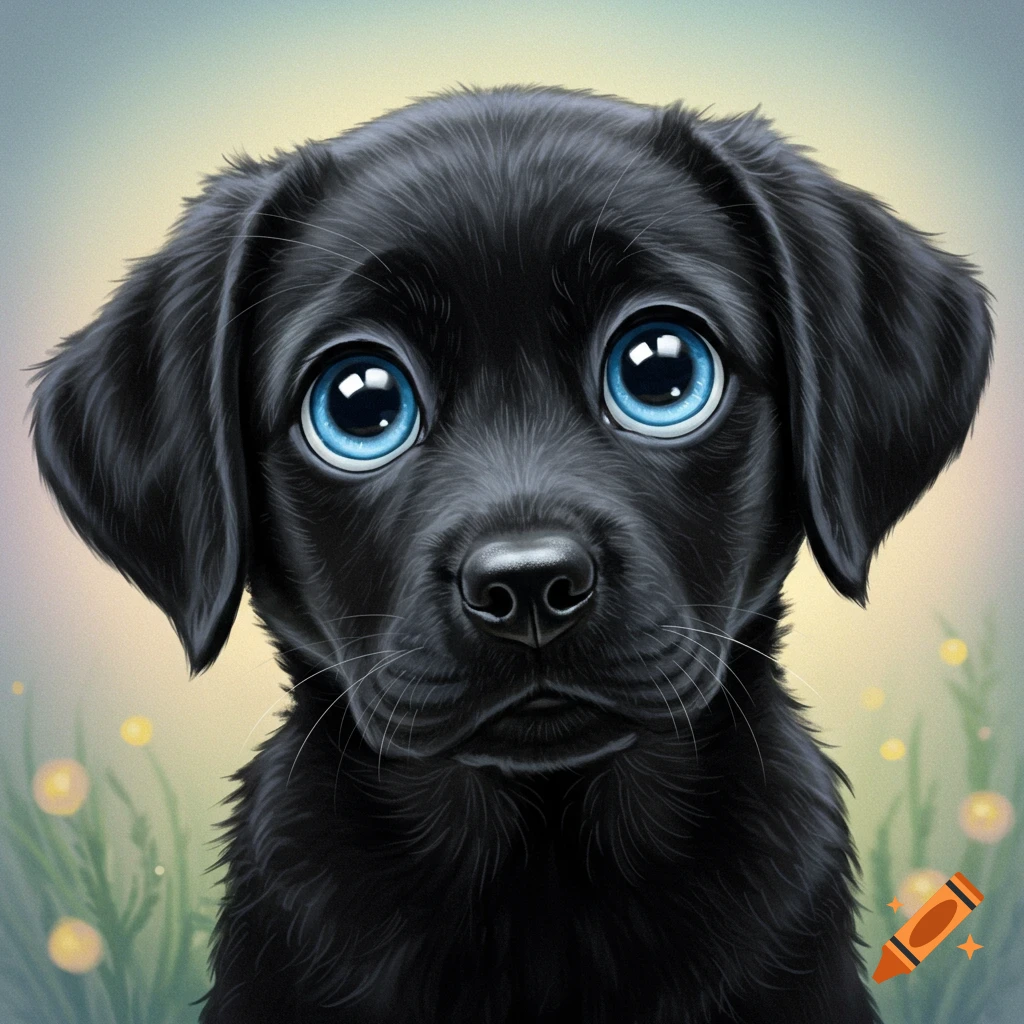Close-up portrait of a black lab puppy with large, bright blue eyes.