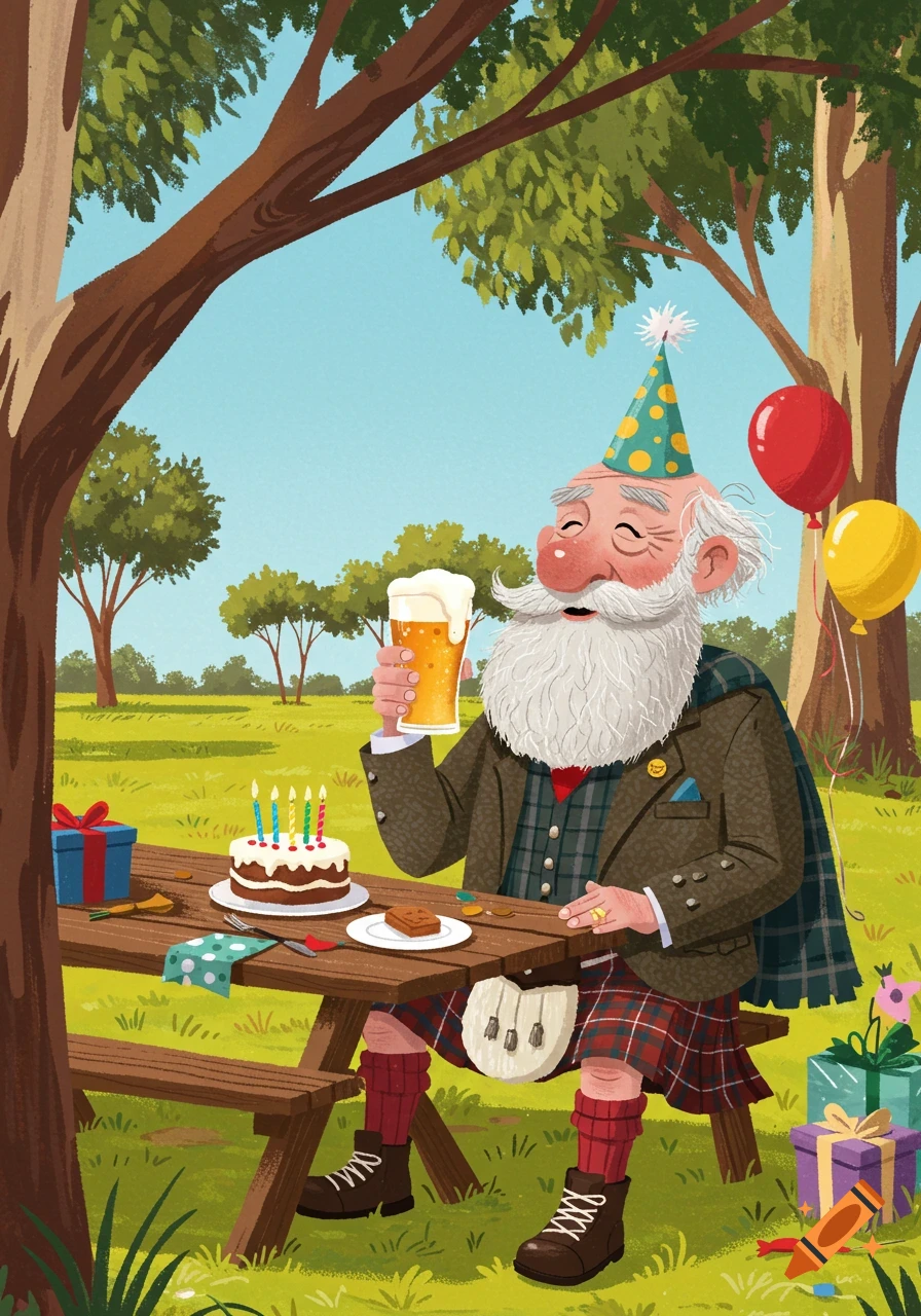 An old man in a kilt and party hat celebrates his birthday with cake and beer at a picnic table in a park, illustration.