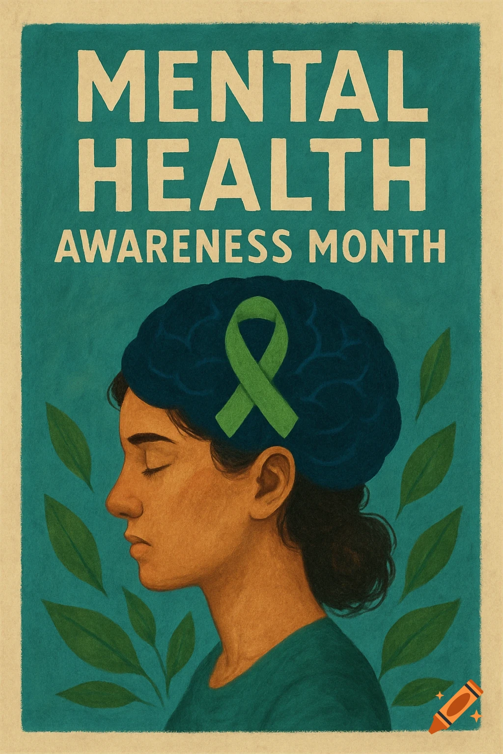 Illustration of a person with a brain pattern and green ribbon, promoting Mental Health Awareness Month.