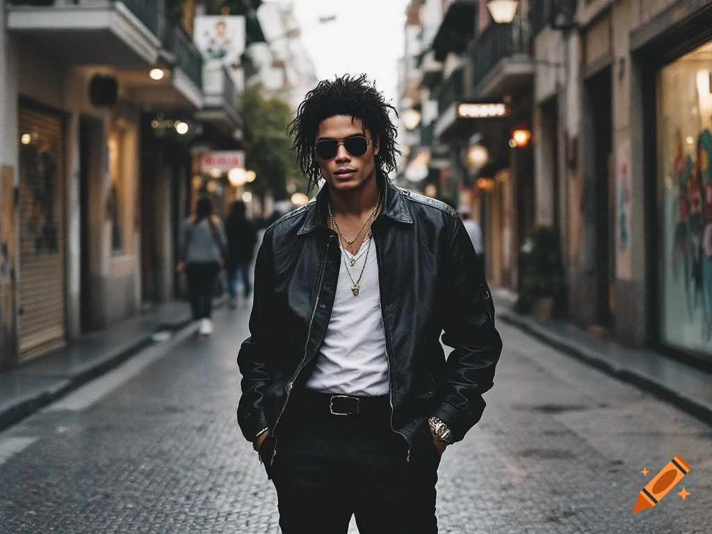 A person in a black leather jacket and sunglasses stands on a cobblestone street.
