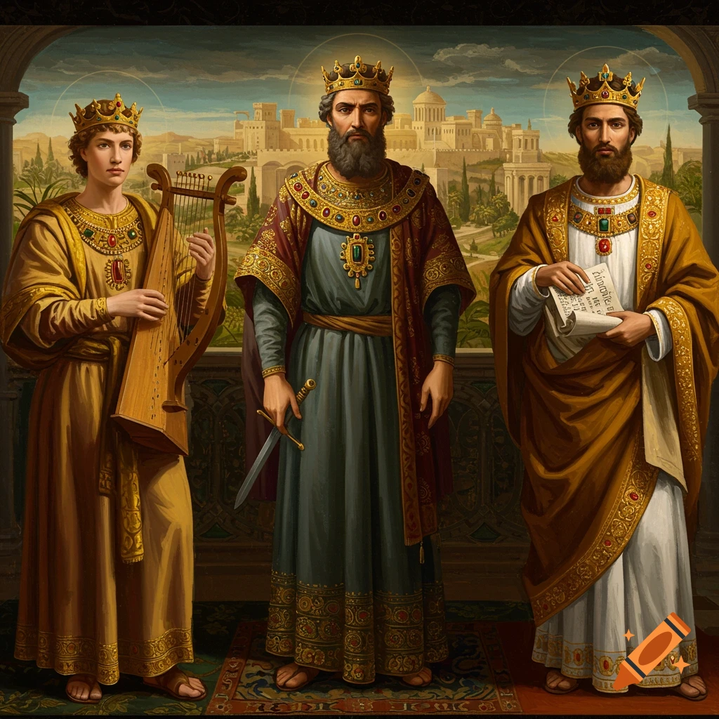 Painting of three ancient kings in robes and crowns on a balcony overlooking a city.