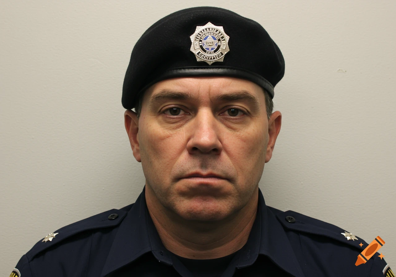 Mugshot of a man in a police uniform and black beret.