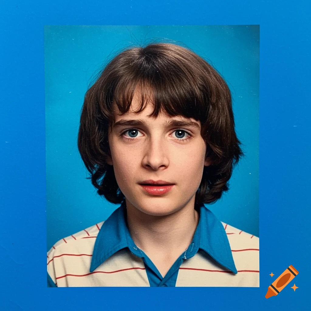 Close-up portrait of a young boy with brown hair and blue eyes in a striped shirt against a blue background, resembling a school photo.