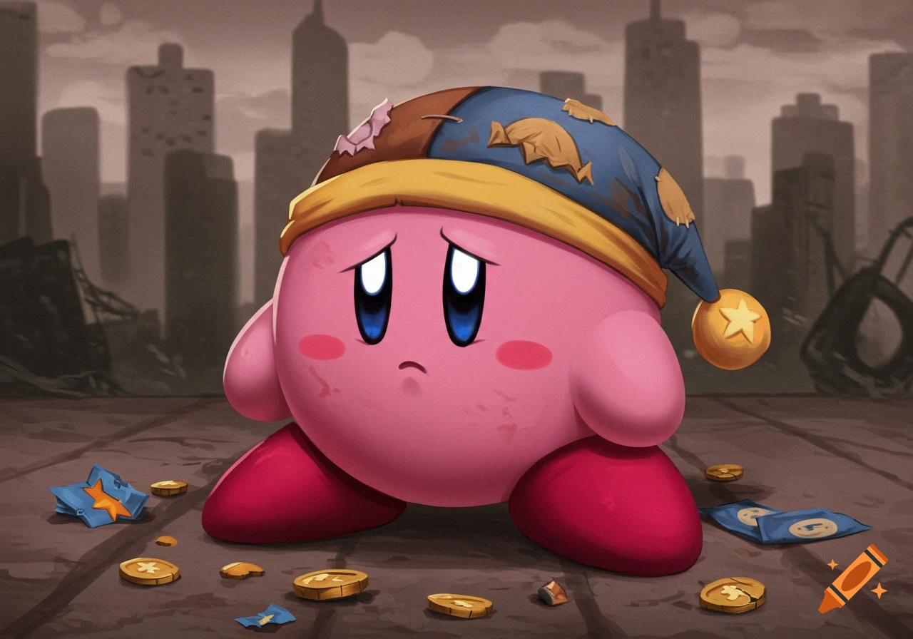 Sad Kirby in a ruined city, wearing a patchy hat and surrounded by broken coins and scattered items.