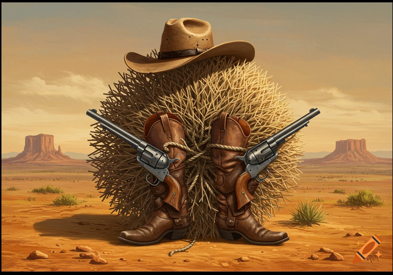 A tumbleweed wearing cowboy boots and hat holds revolvers in a desert landscape.